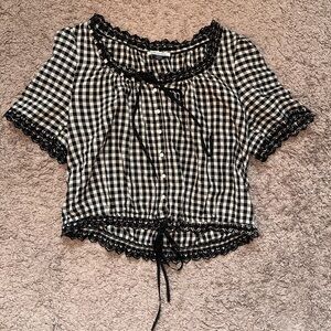 American Eagle Outfitters Black and White Checkered Lace Blouse